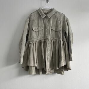 143 Story Denim Jean Jacket Womens 1X Beige Pearl Snap Ruffle Hem Casual Rodeo